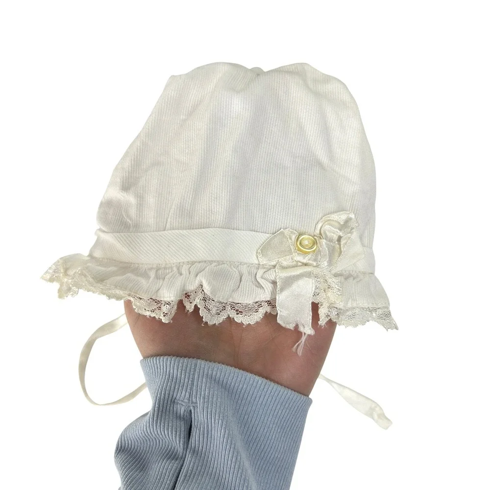 Cottagecore Vintage Lace Trim Ruffled Baby Bonnet OS White Victorian‎ Coquette